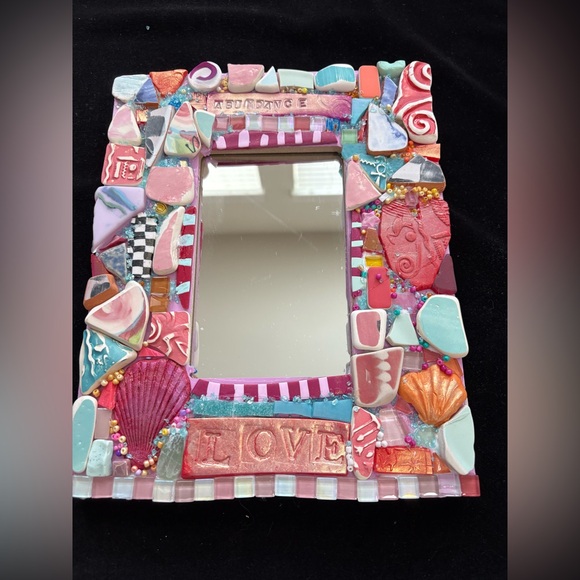 Handmade Mosaic“ Love & Abundance “Polymer Clay Mirror OriginalOn Wood 8”x10”